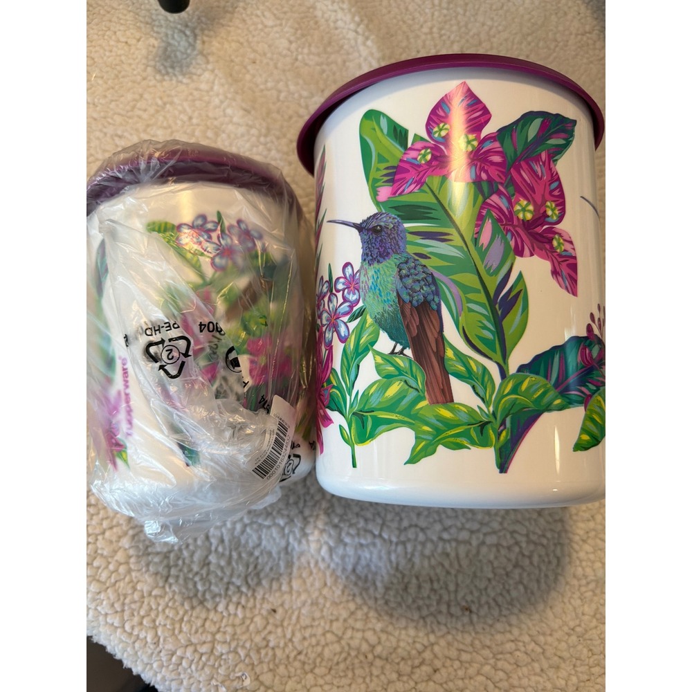 Tupperware One Touch Canister Set 2pc‎ Hummingbird Tropical Floral White Purple